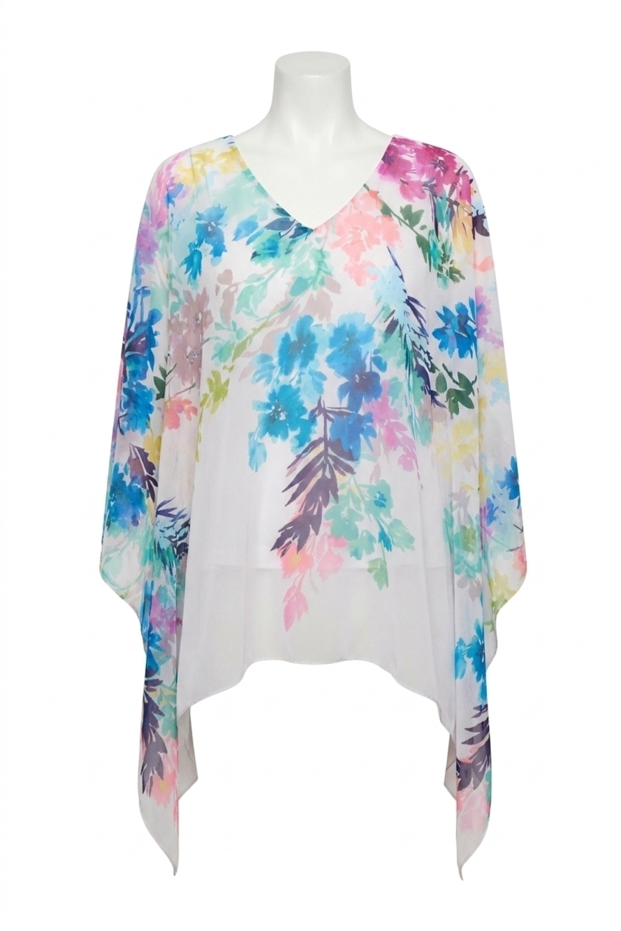 NEW JOSEPH RIBKOFF chiffon floral print poncho top in off-white/multi